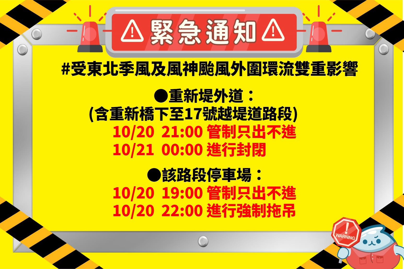 配合本市重新堤外道（重新橋下至17號越堤道）於明日0時關閉，將同步進行交通管制