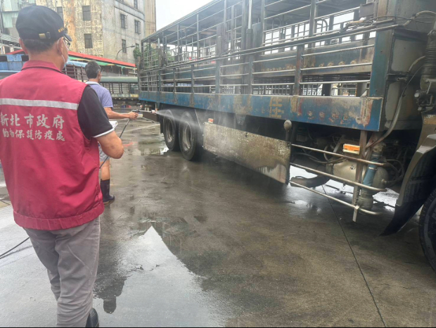 新北市政府非洲豬瘟災害應變中心至樹林肉品市場查核運輸車消毒情形