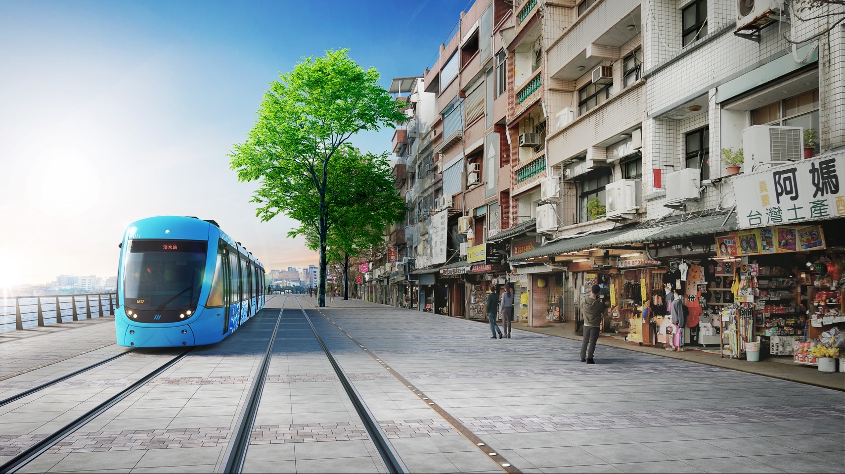 淡海輕軌第二期河岸段模擬圖-糕餅博物館周邊。圖為新北市政府捷運局提供