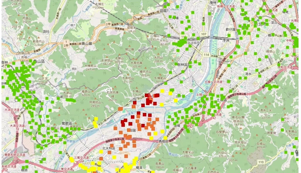 空品感測器模擬污染可能受影響範圍