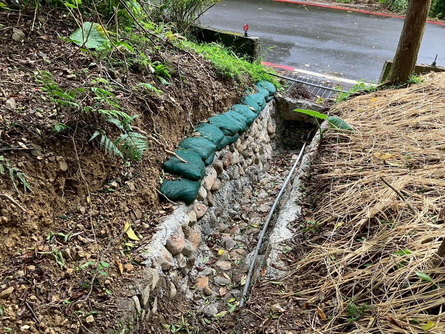 石碇生態通道結合排水與棲地設計，道路邊的排水溝成了動物的安全通道，透過使用自然石材與植被設計，讓山林間的動物能安全往返棲地