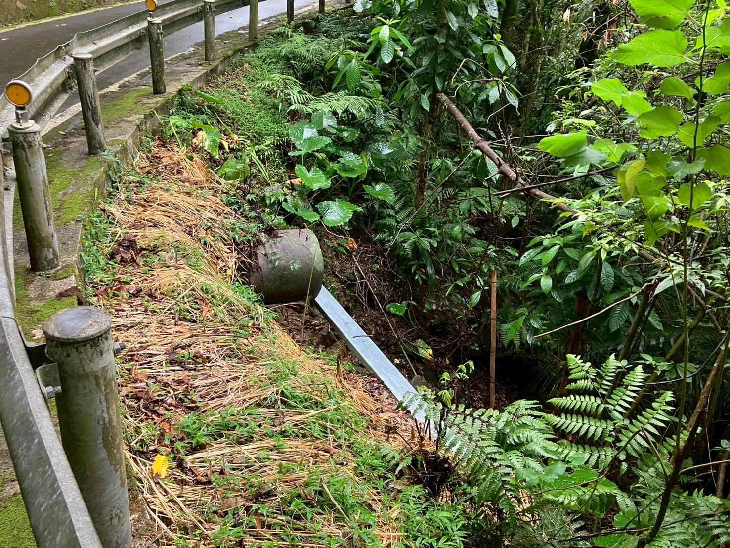  排水涵洞出口設置金屬結構坡道，兼具排水與動物通行功能，讓小型野生動物可沿坡安全爬升至地面，減少路殺風險