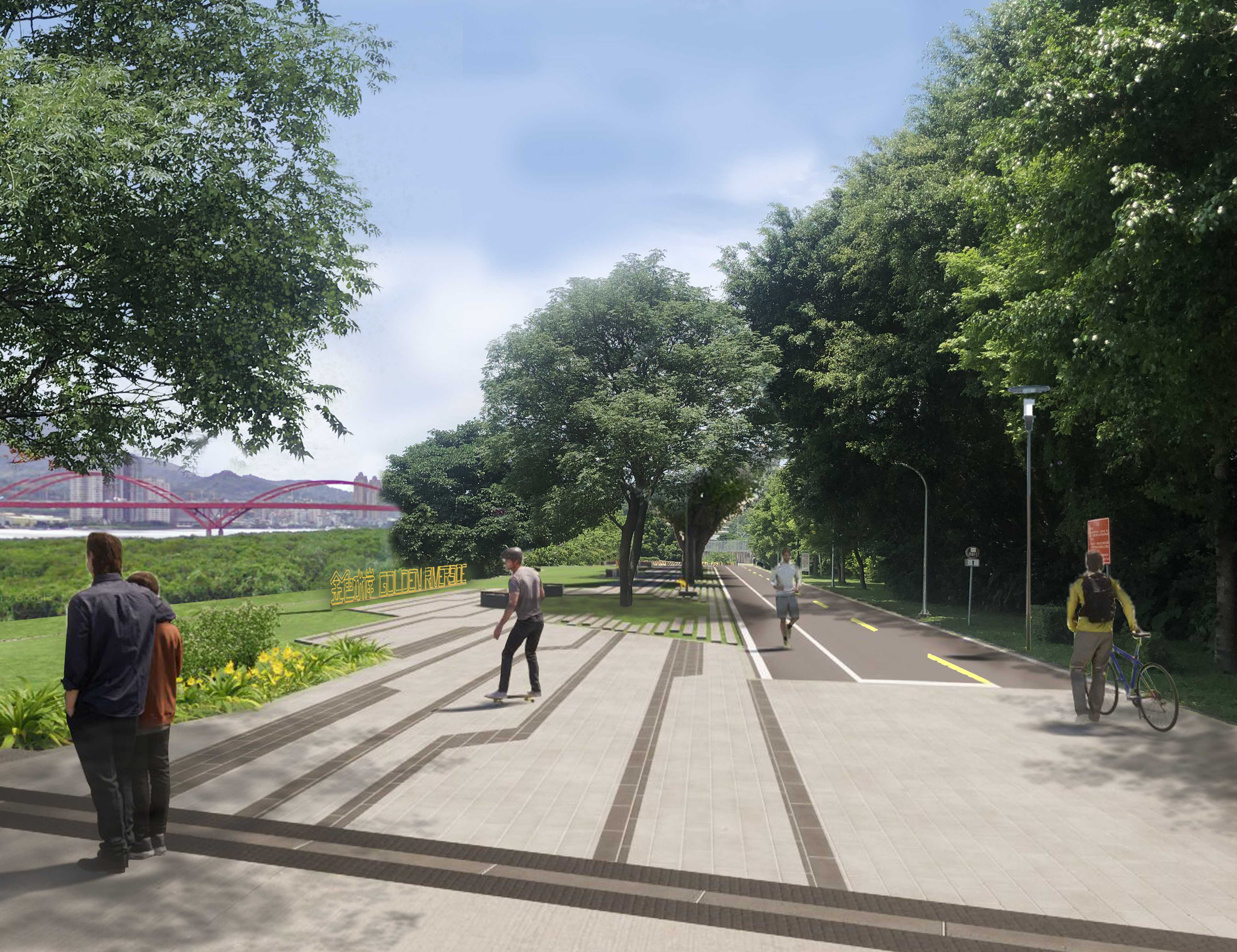 淡水河金色水岸大河門戶改善工程，以河岸亮點空間、自行車道拓寬及強化指標系統，提供更好休憩體驗(模擬圖)