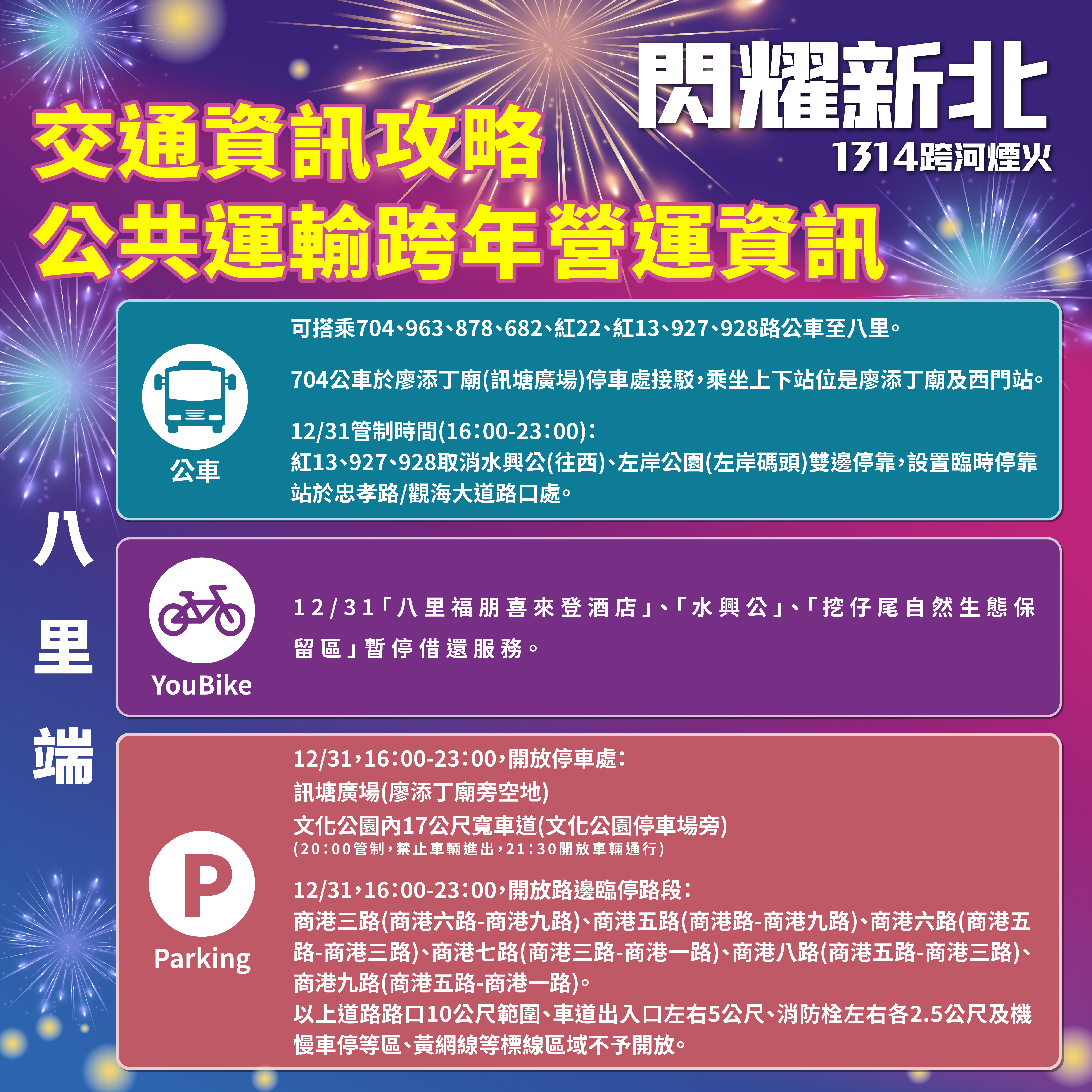 12月31日「閃耀新北1314跨河煙火」活動期間，八里端公車配合交通管制調整停靠站位。