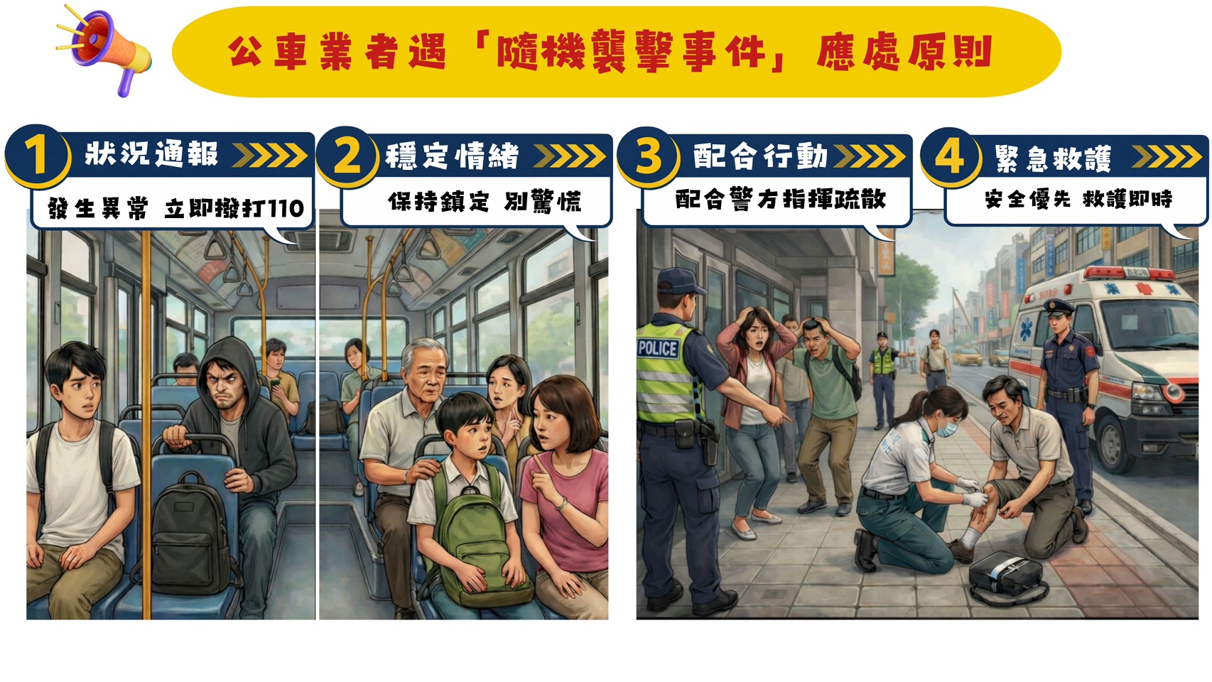 遇隨機襲擊事件時，應「狀況通報」、「穩定情緒」、「配合行動」、「緊急救援」四大應變原則