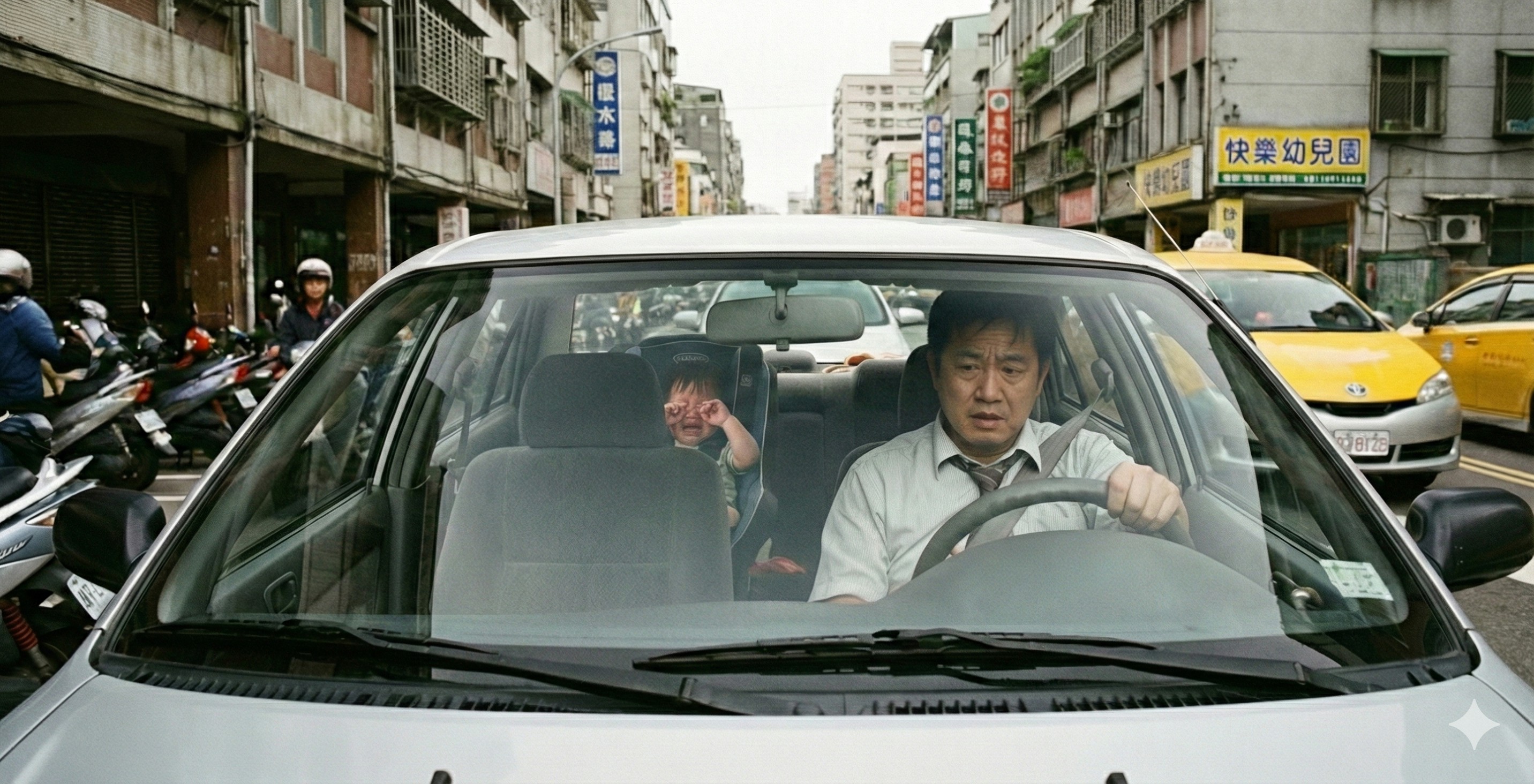 以AI生成職場家長忙於孩童接送示意圖