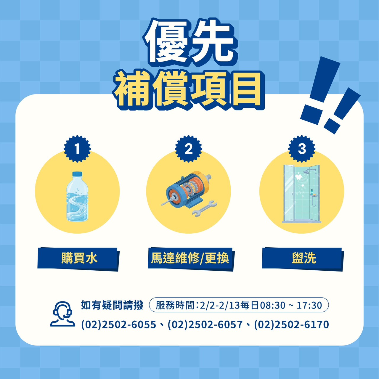 針對去年底淡水區停水事件，購買水、馬達維修或更換、盥洗費列為優先補償項目，新工處今(2)日起發送簡訊通知審核結果。