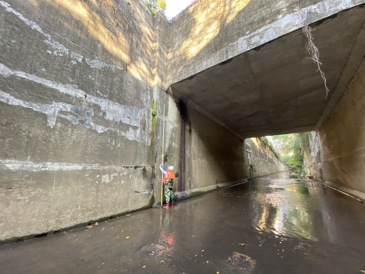 檢查人員在昏暗濕的汐止區大寮溪紀錄護岸受損情形