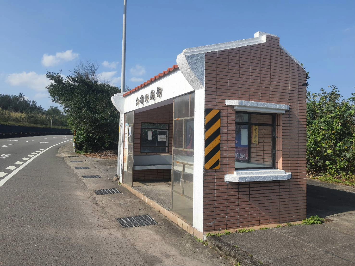  大水薙鳥蹲坐在萬里區基金公路台電北展館候車亭旁地上，，疑似迷航或體力不支