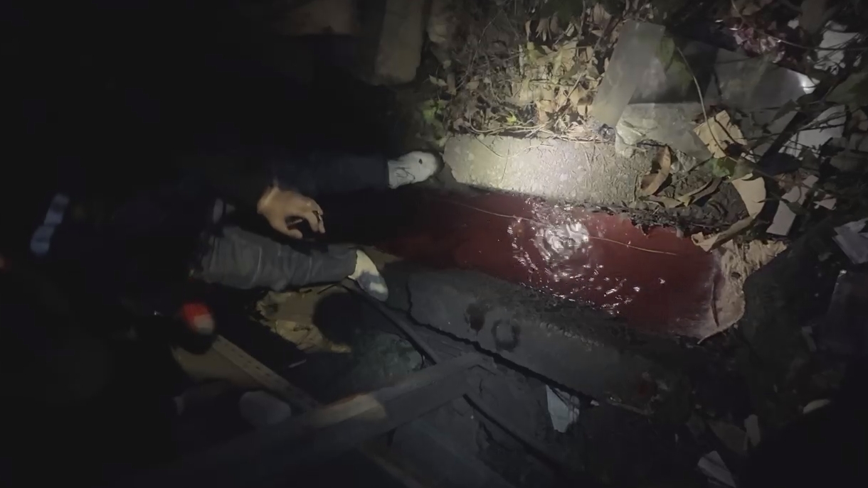 稽查人員於泰山區中港南路旁水溝發現紅色廢水