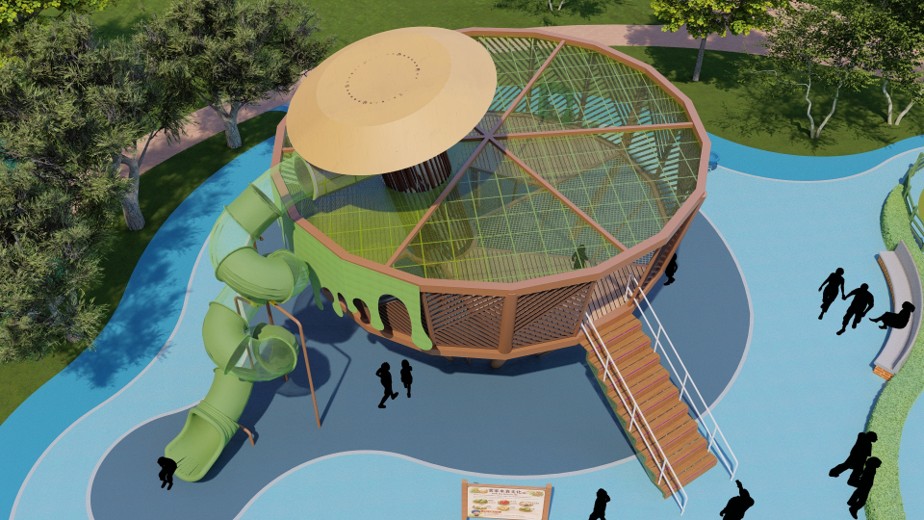 1.全台首座以客家擂茶與米食為文化意象，設計出共融式遊具（設計示意圖）。