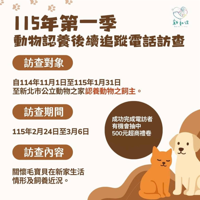  動保處於電話訪查前，會先在臉書粉絲專頁提醒認養飼主留意來電，成功完成電訪的民眾還有機會抽中500元超商禮券
