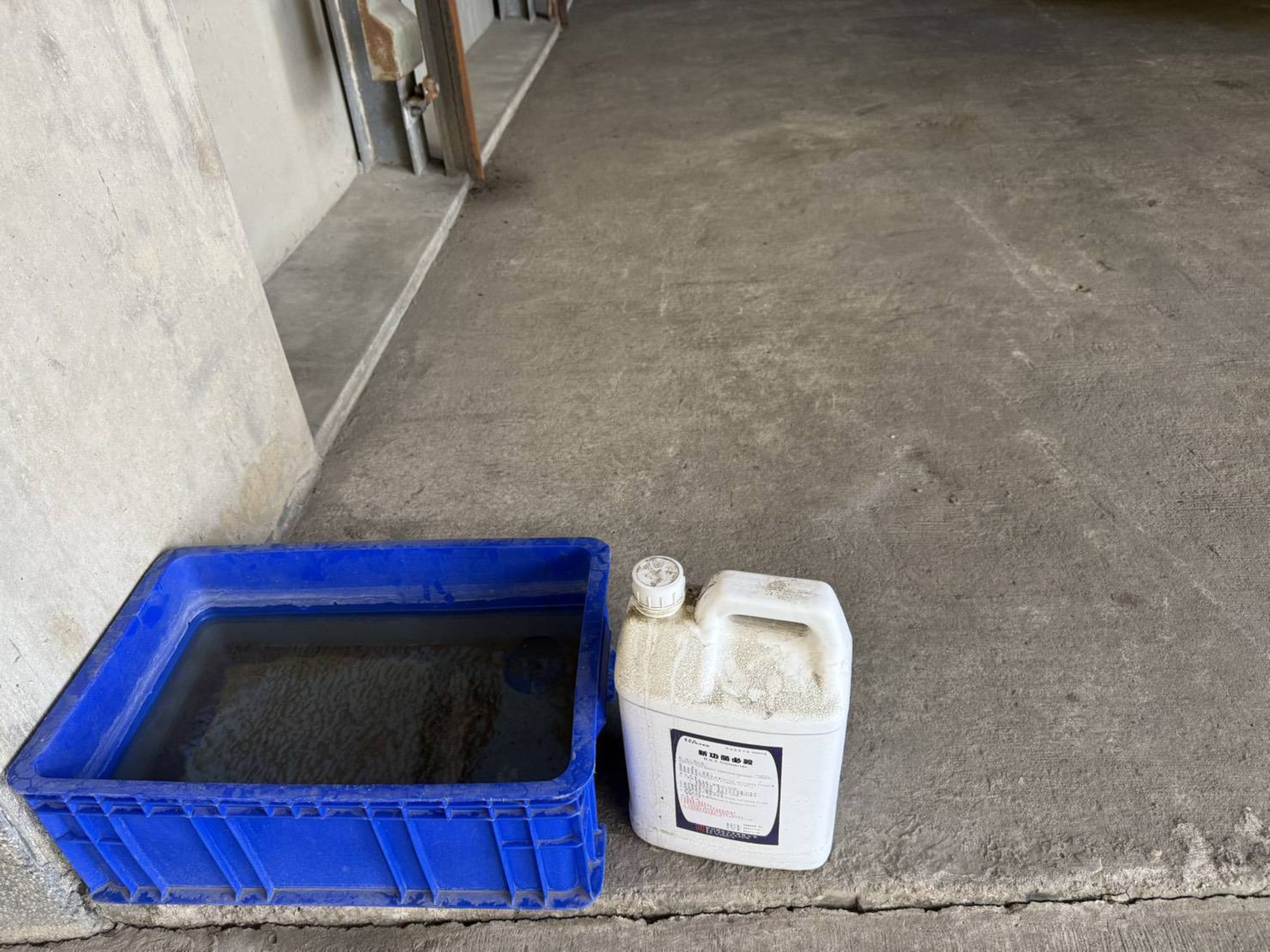 新北養豬場畜舍出入口皆擺放消毒腳踏槽，進出人員皆落實工作鞋消毒，防止疫病隨處擴散。