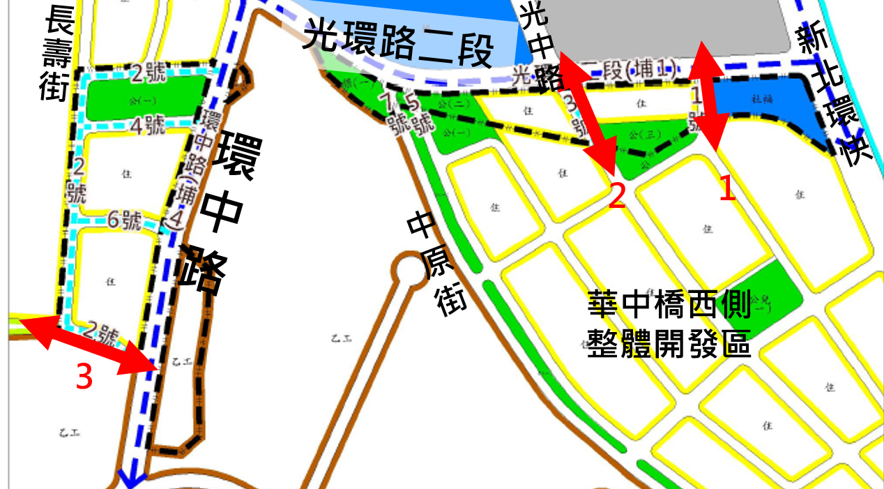 本案開發後預計新設三條道路(紅色雙箭頭標誌)，縫合板橋與中和間的未開發區域。新北市地政局提供