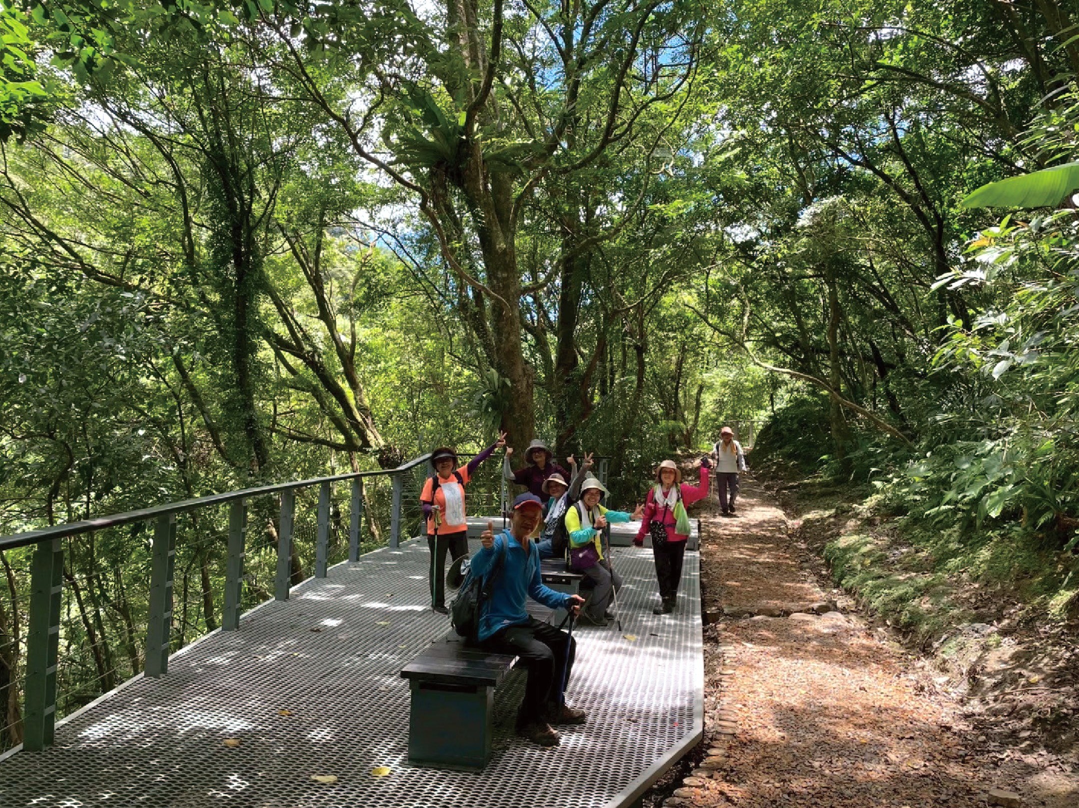  「新北市平溪嶺腳寮-望古觀瀑步道亮點環境營造計畫工程」結合既有喬木與透水耐候材質及菱形格網設計，保留生態並提升環境美感