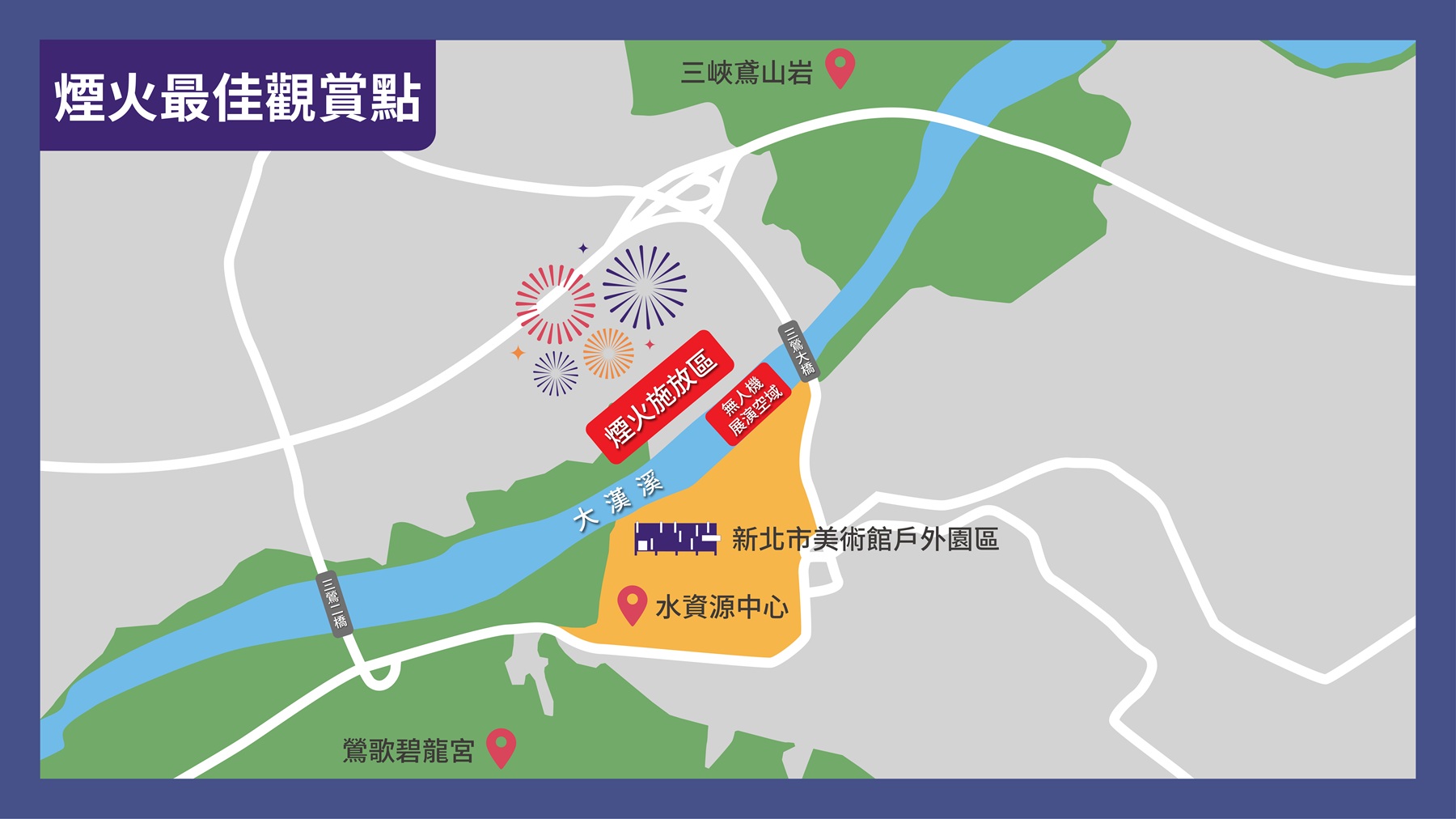 除新北市美術館戶外園區為主要觀賞點外，三鶯水資源回收中心、鶯歌碧龍宮及三峽鳶山岩等地，亦適合遠眺煙火及無人機展演。