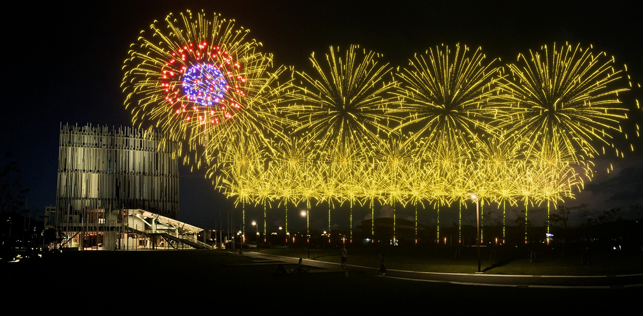 煙火設計以五色柳、牡丹及輪菊等多樣花型交錯綻放(煙火模擬圖)。