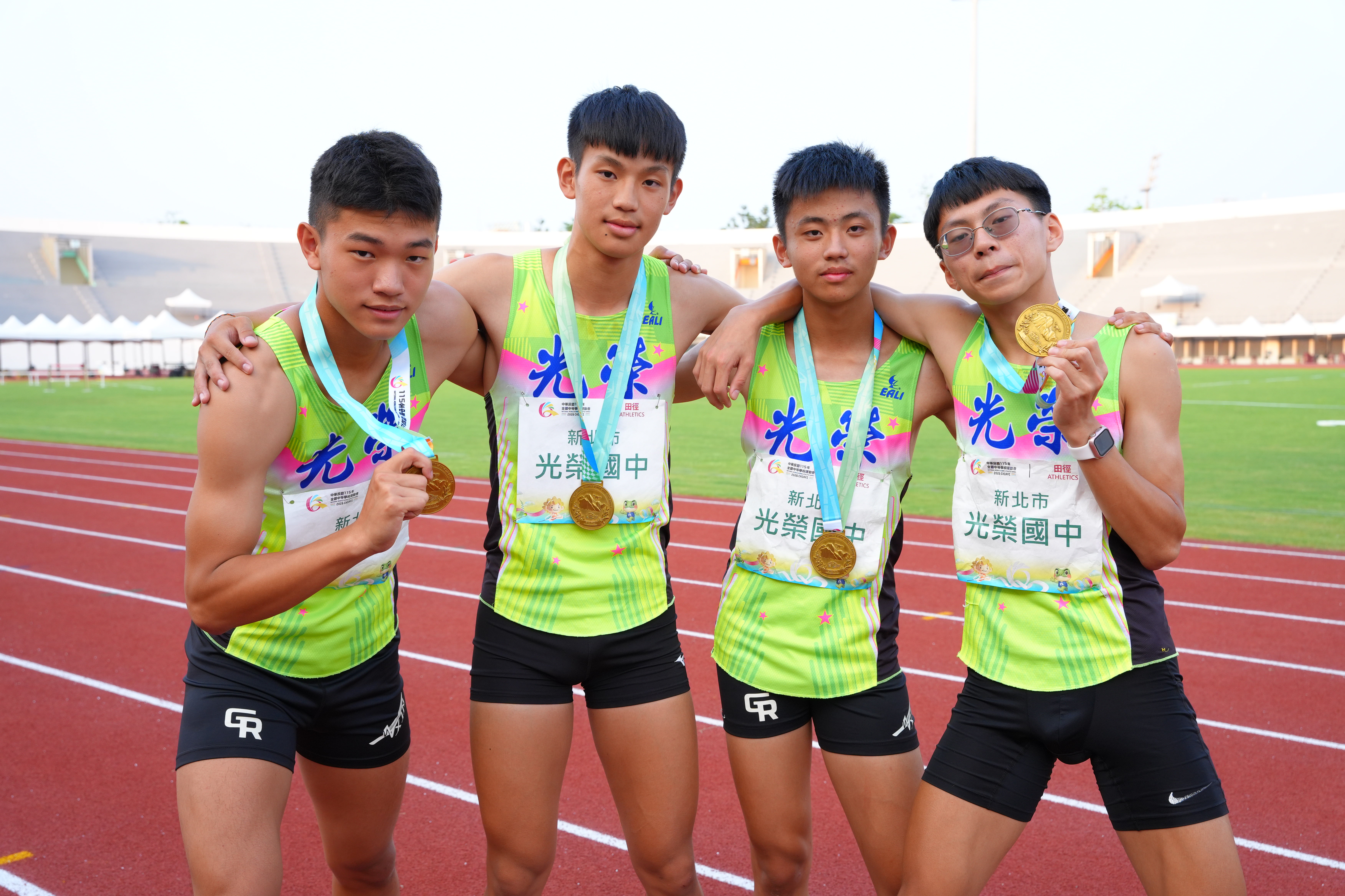 115全中運田徑國男組4x100公尺接力光榮國中奪金並破大會紀錄42秒09（左到右）陳予澤、王凱捷、邱帥錠、江東澔
