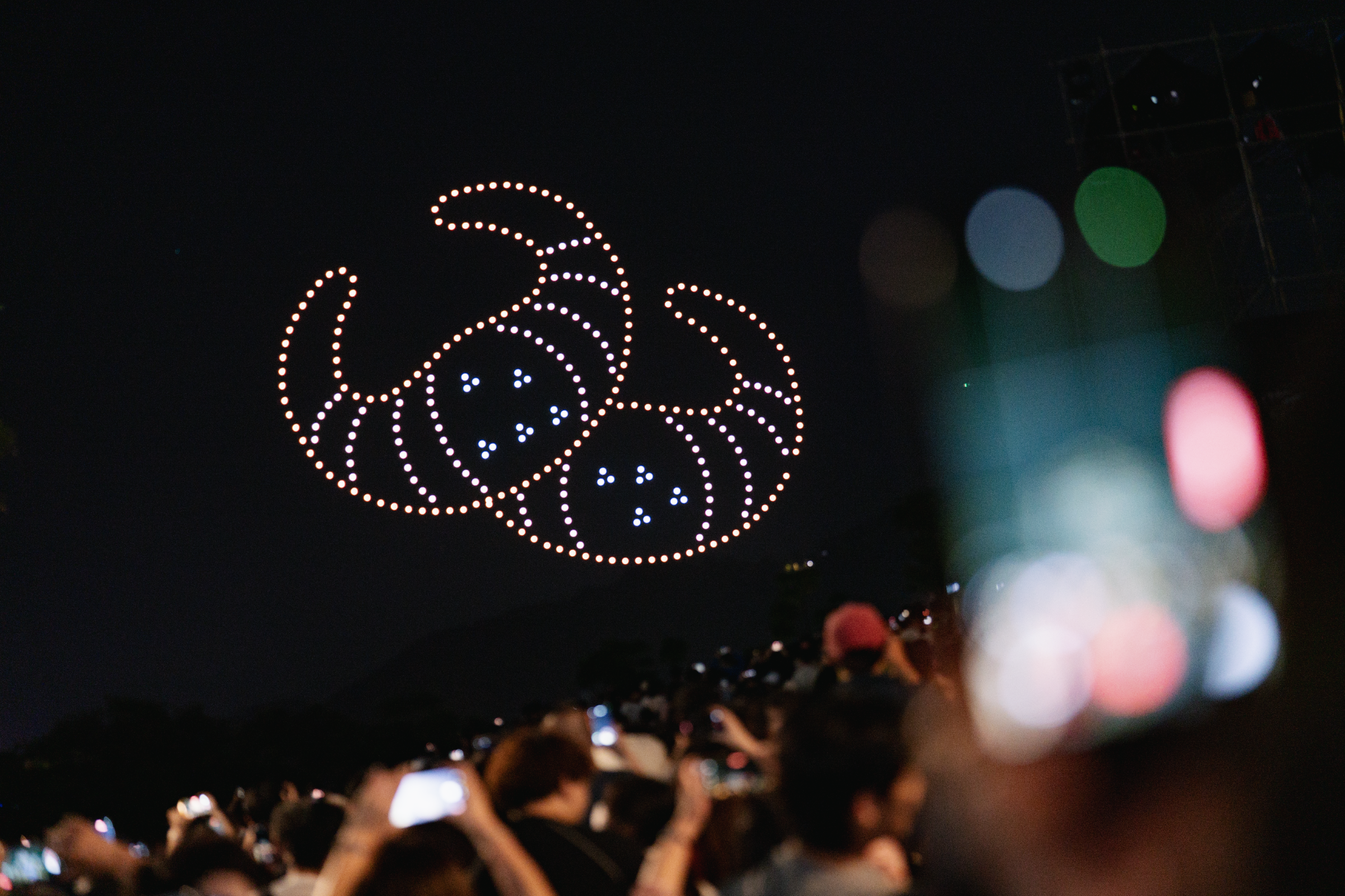 無人機編隊於夜空中展演多變圖像，呈現科技與藝術交織的視覺效果。