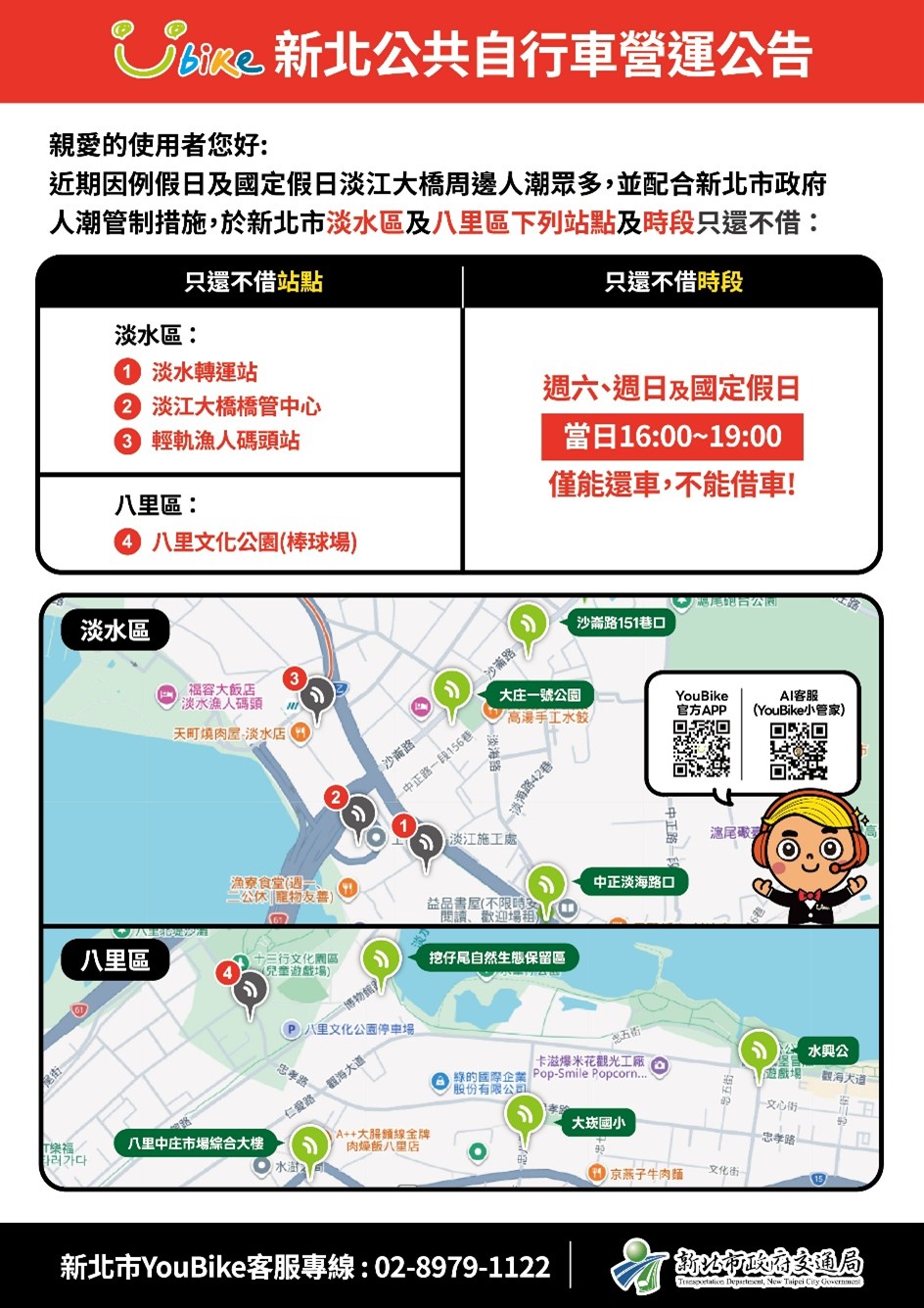 4站YouBike於例假日及國定假日16-19時只還不借營運公告