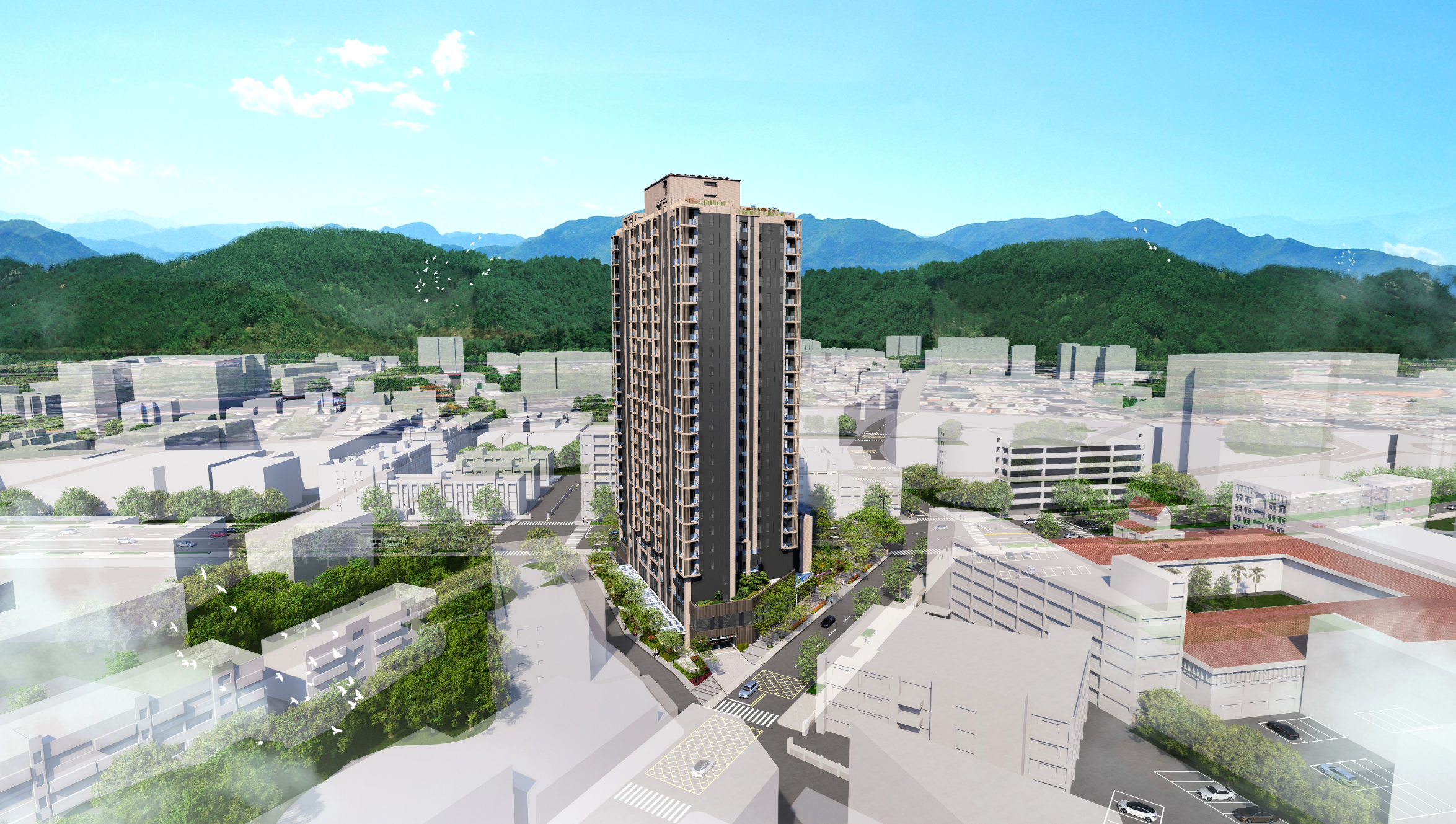 土城板院段社宅模擬圖，青雲路及青雲路111巷(北向)。