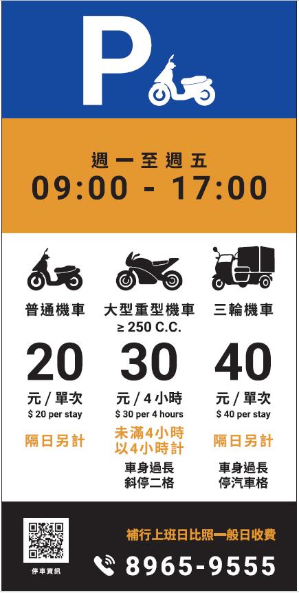 新北7月起三輪機車可停路邊汽車格與大重機專用格的告示牌