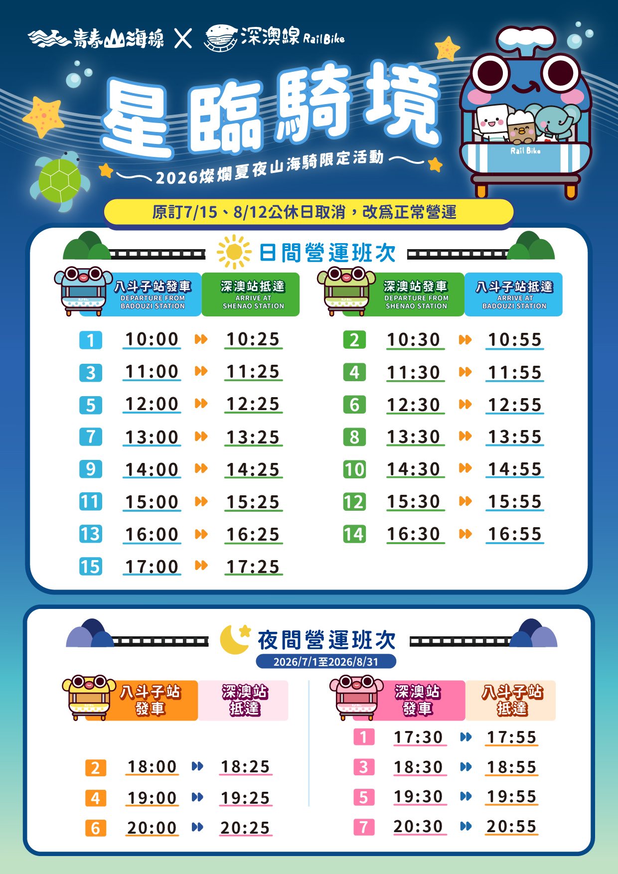 2026深澳鐵道自行車「燦爛夏夜山海騎」班次表
