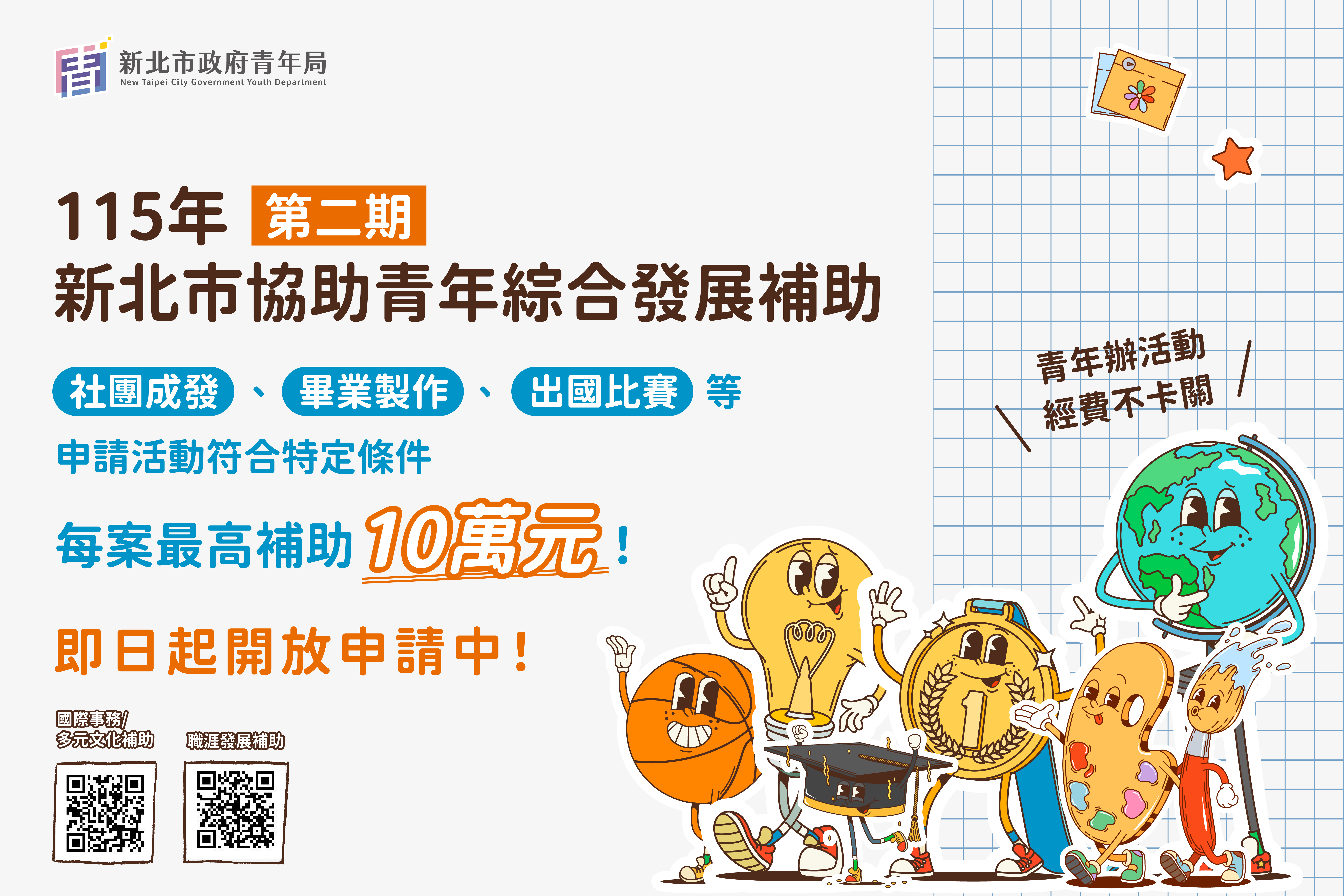 「新北市青年綜合發展補助」第2期即日起開放申請，符合申請資格，個人最高補助2萬元、團體最高補助10萬元。