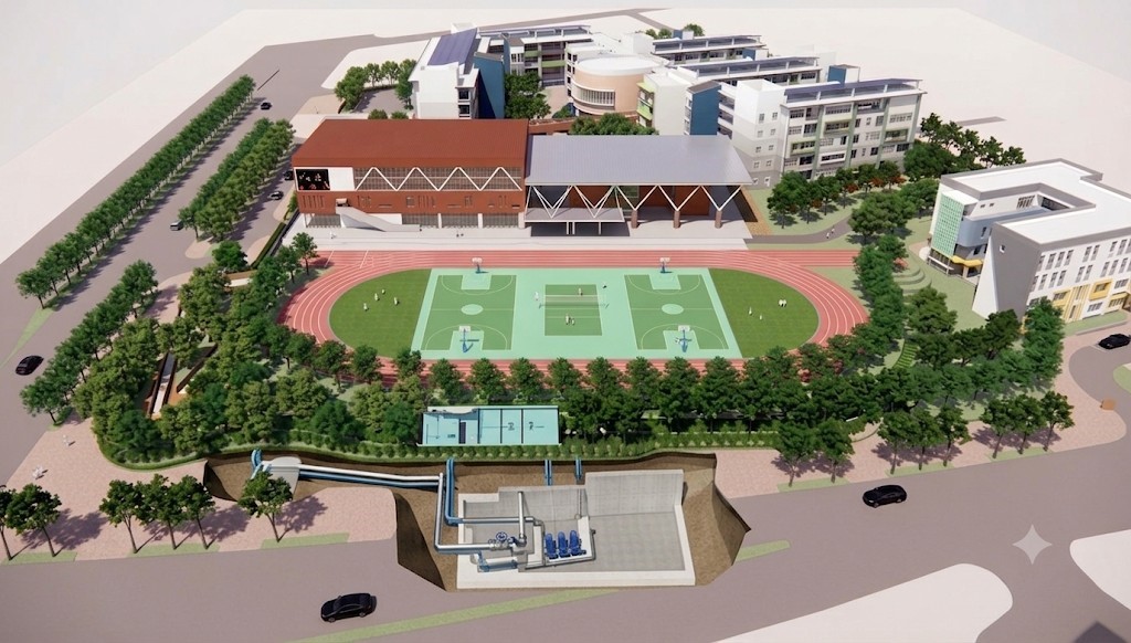 林口 P07 揚水站工程結合南勢國中校區建設，將水利設施與周邊環境整合，實現友善校園目標(示意圖)