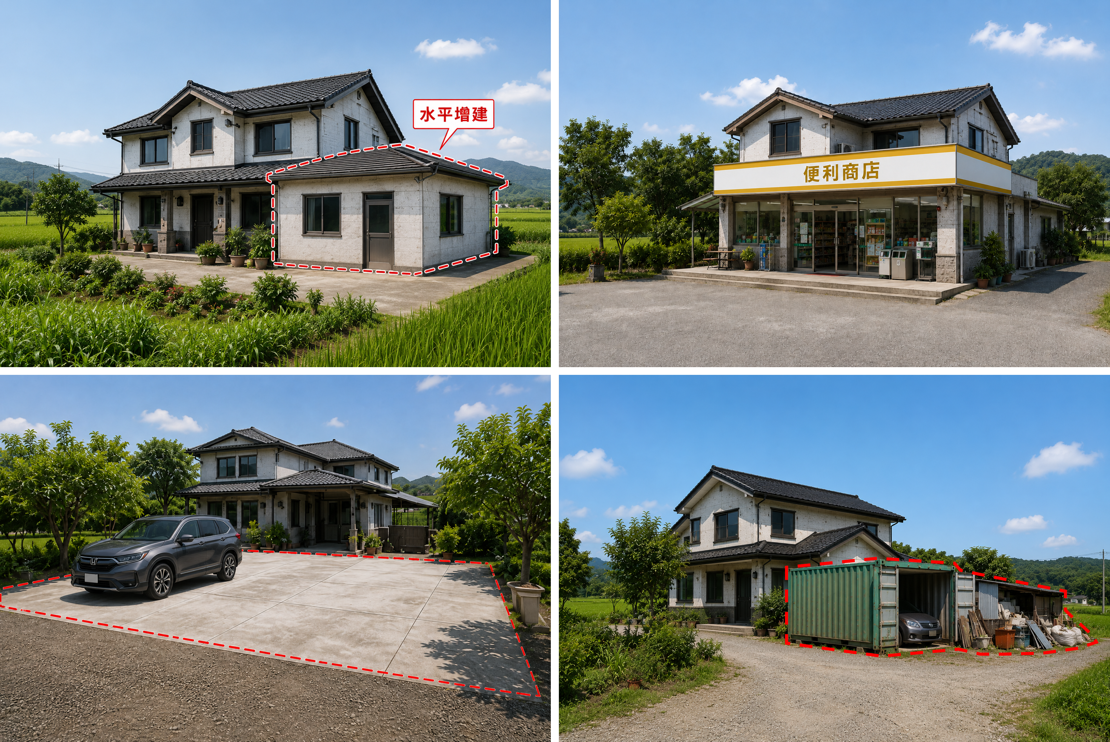 農地違規使用常見增建、改為商店、鋪設水泥、放置貨櫃屋等四種樣態，AI生成示意圖。新北市政府地政局提供。
