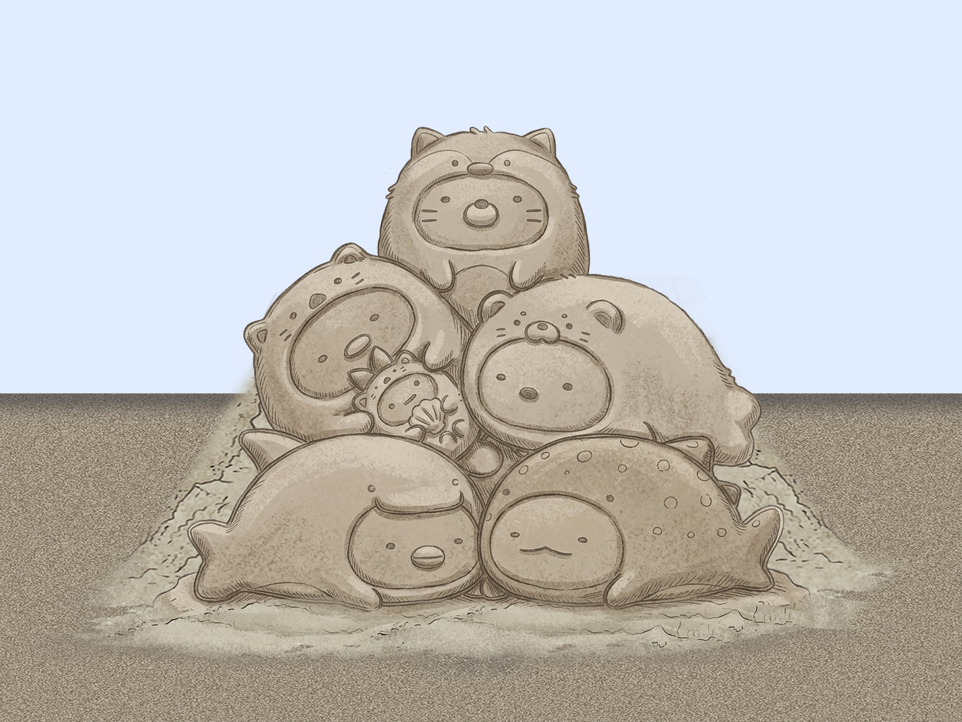  白熊、蜥蜴、企鵝？、貓、炸豬排與炸蝦尾依偎相伴 (沙雕作品-示意圖)
