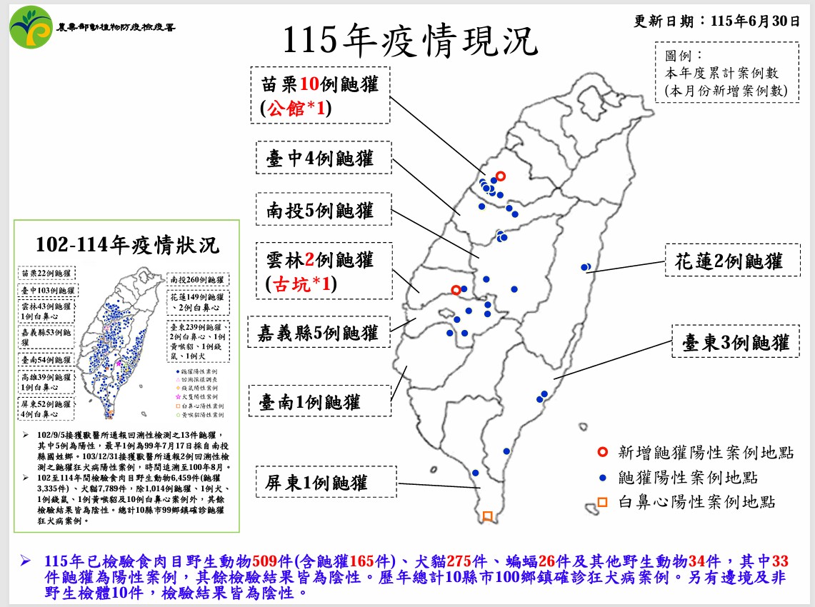 115年狂犬病已發現33件鼬獾陽性案例，其餘檢驗結果皆為陰性(防檢署公開資料，統計至6月30日)。