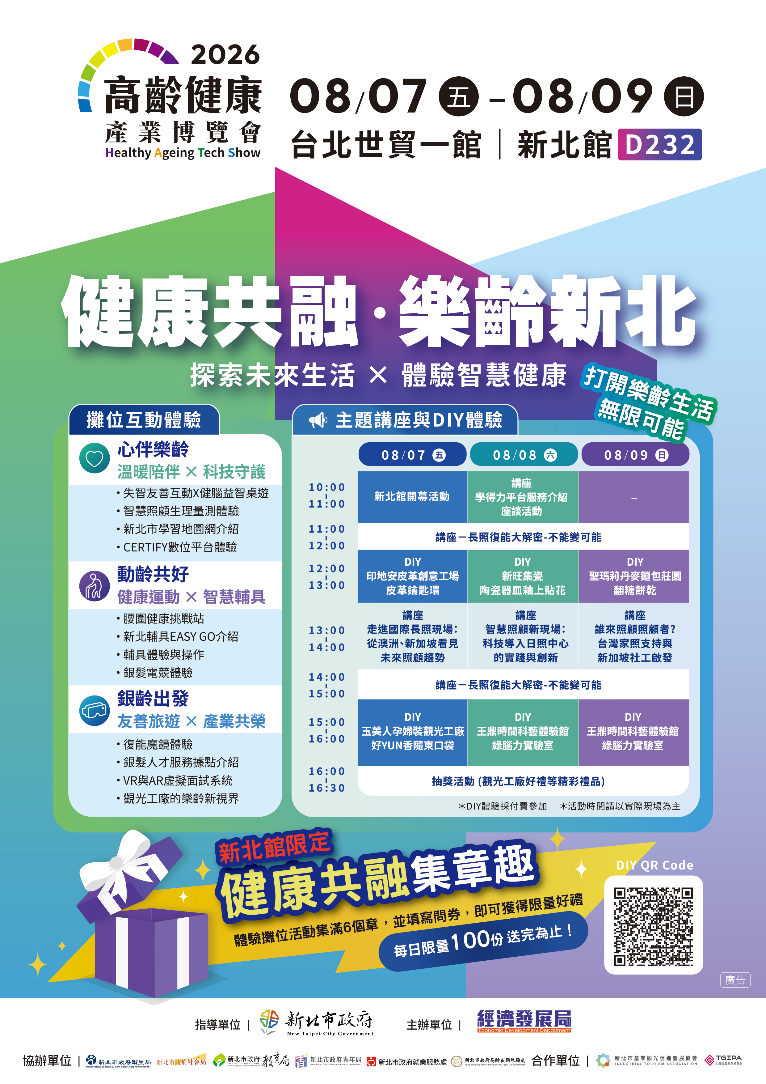新北市政府聯合12局處參與第三屆高齡健康產業博覽會，以「健康共融 樂齡新北」為主題打造新北形象館，於台北世貿一館盛大登場。