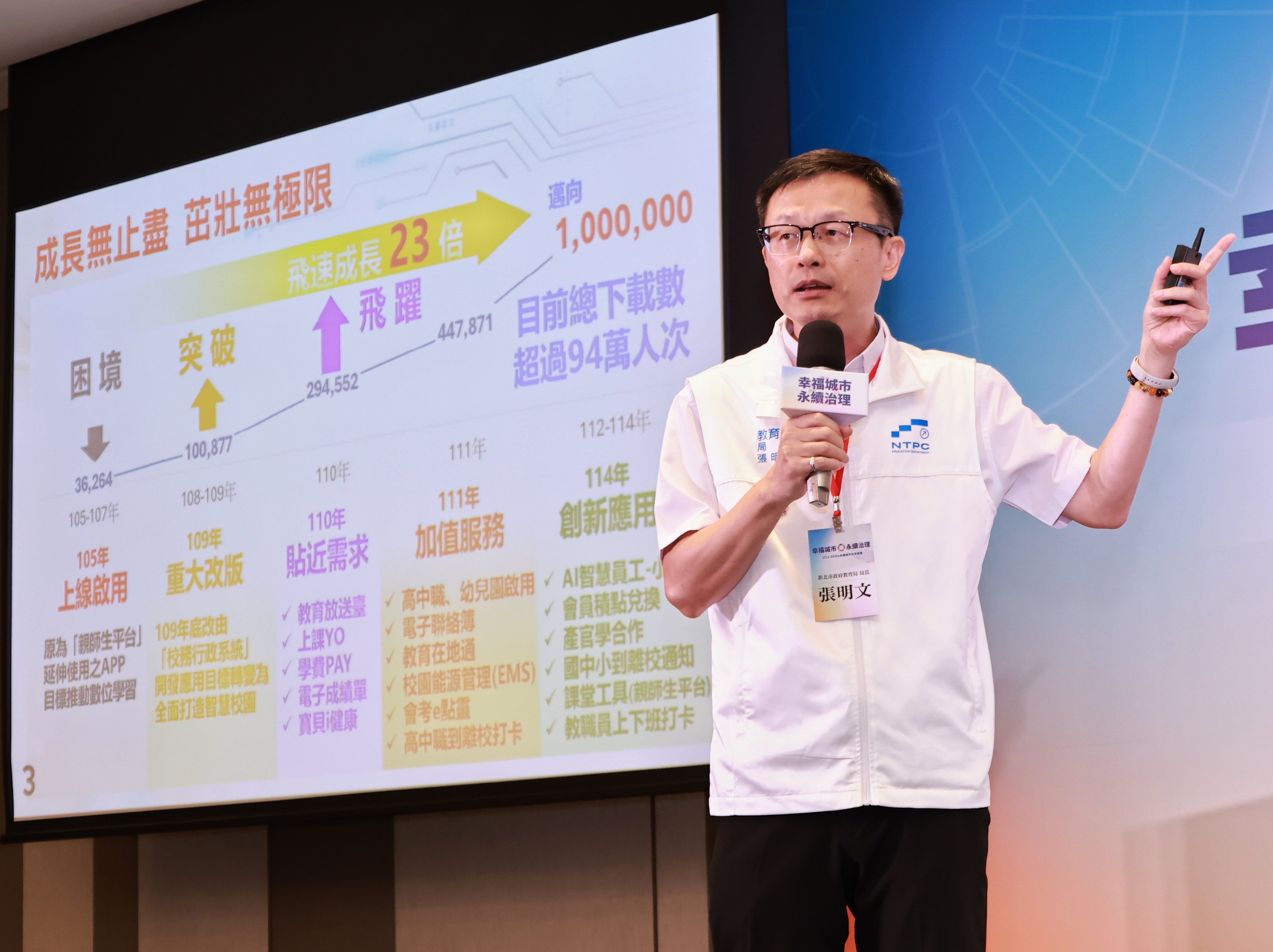 教育局局長張明文分享新北校園通APP的推動成果，說明智慧校園服務整合與教育治理創新的實踐經驗。