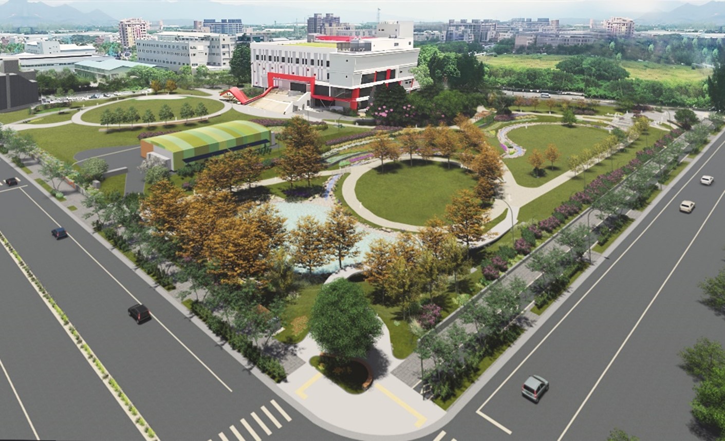 「林口運動園區滯洪公園營造工程」，以「波光樹影、綠丘展畫、動靜皆景」為主軸，擴大整合周邊約3.8公頃街廓