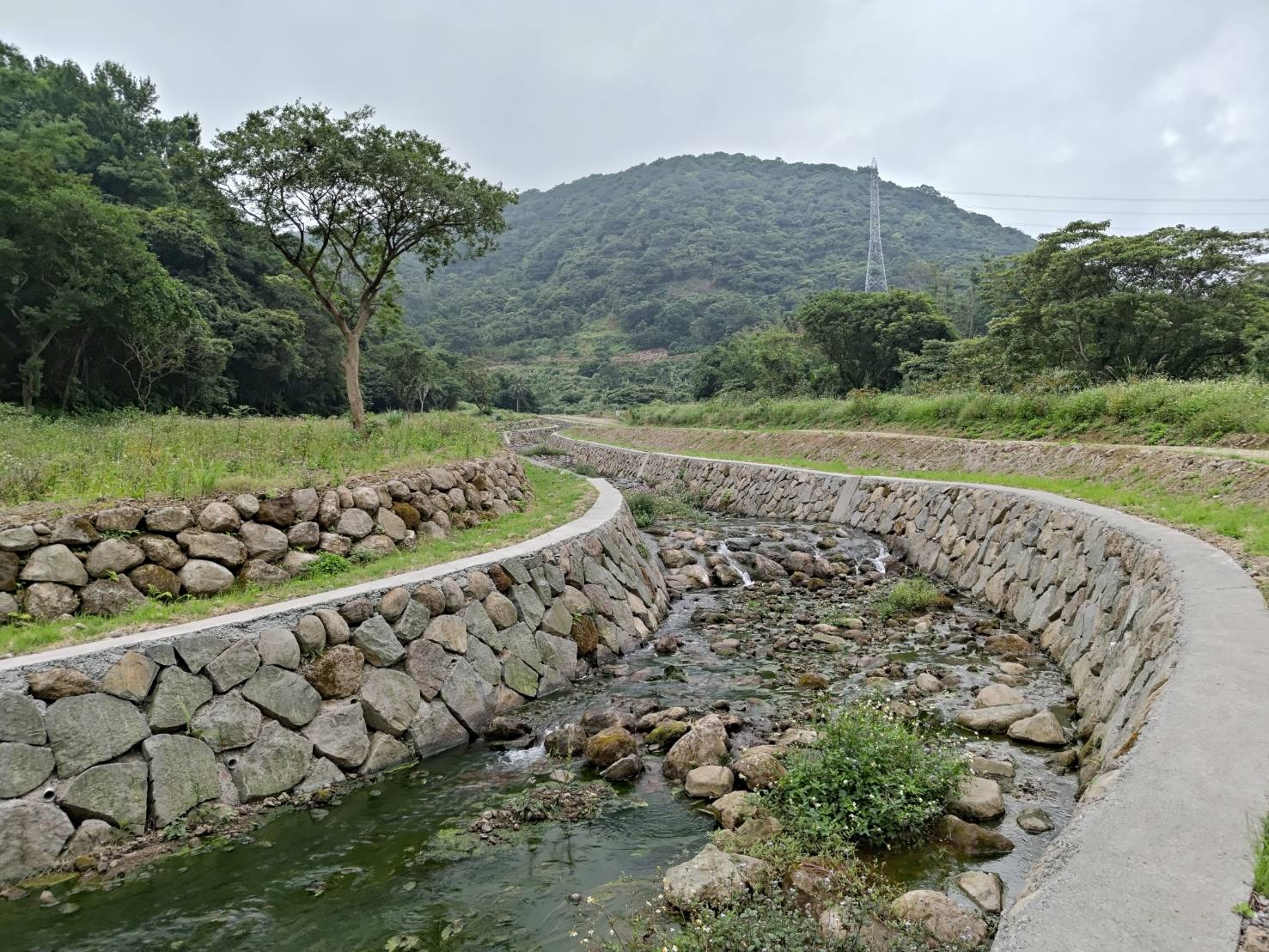 「金山區南勢湖72號附近護岸山陀兒颱風復建工程」-採用生態友善工法，減少混凝土使用，砌石護岸