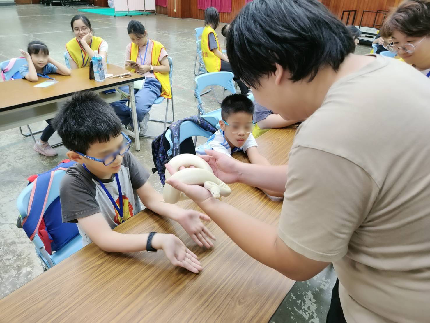  夏令營課程中有動物奇觀，星兒試著觸摸寵物蛇。
