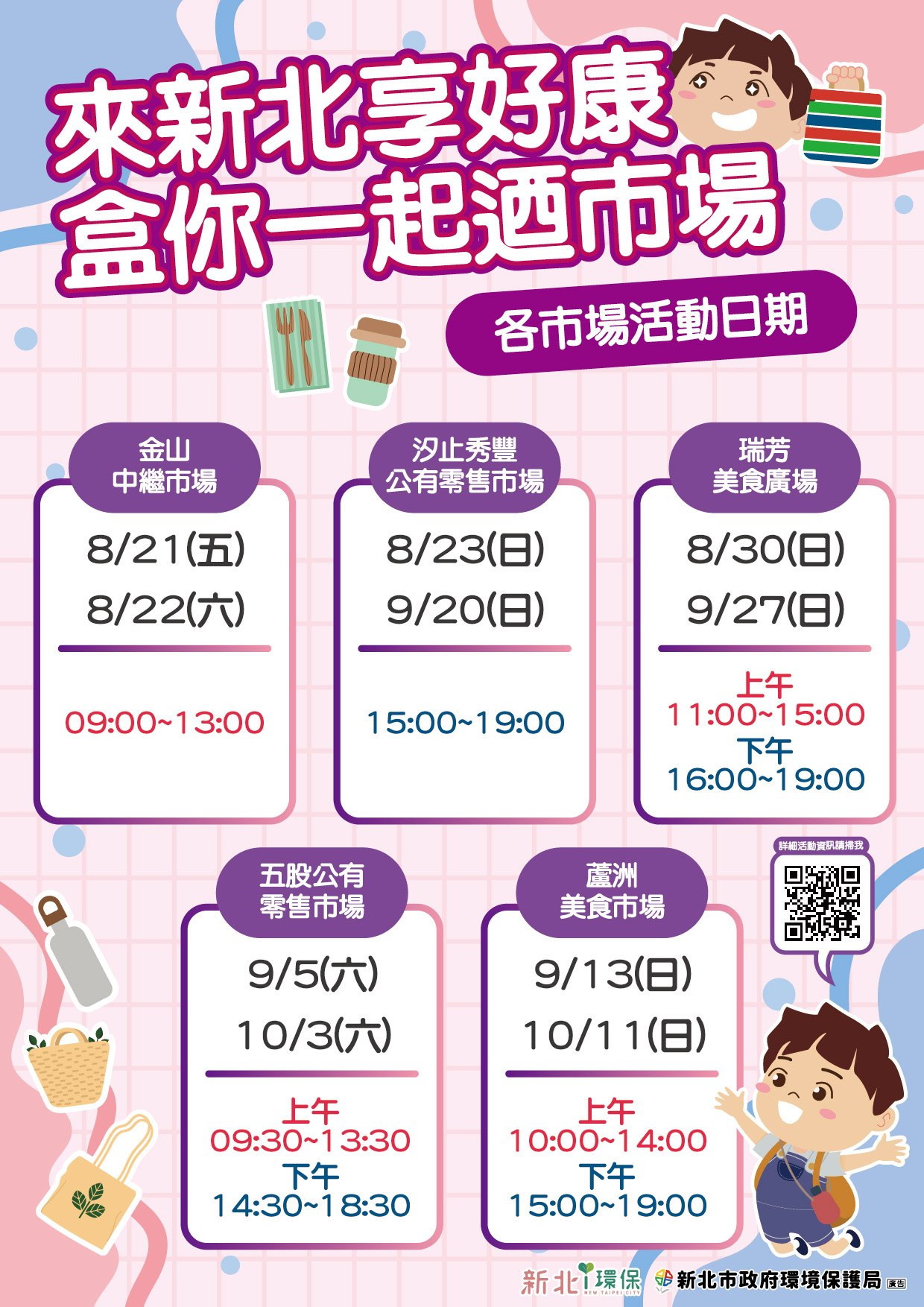 「來新北享好康『盒』你一起迺市場」活動，5處市場活動日期，邀請市民朋友於活動期間一同走進不塑市場，用實際行動支持環境永續