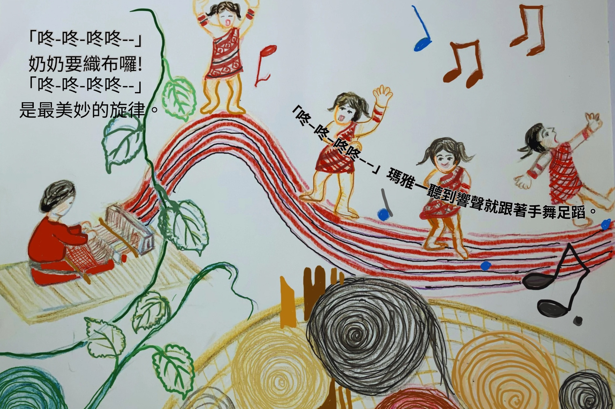 ▲繪本《咚&ndash;咚&ndash;咚咚&mdash;》封面及內容。(圖2／新北市政府原民局提供)
