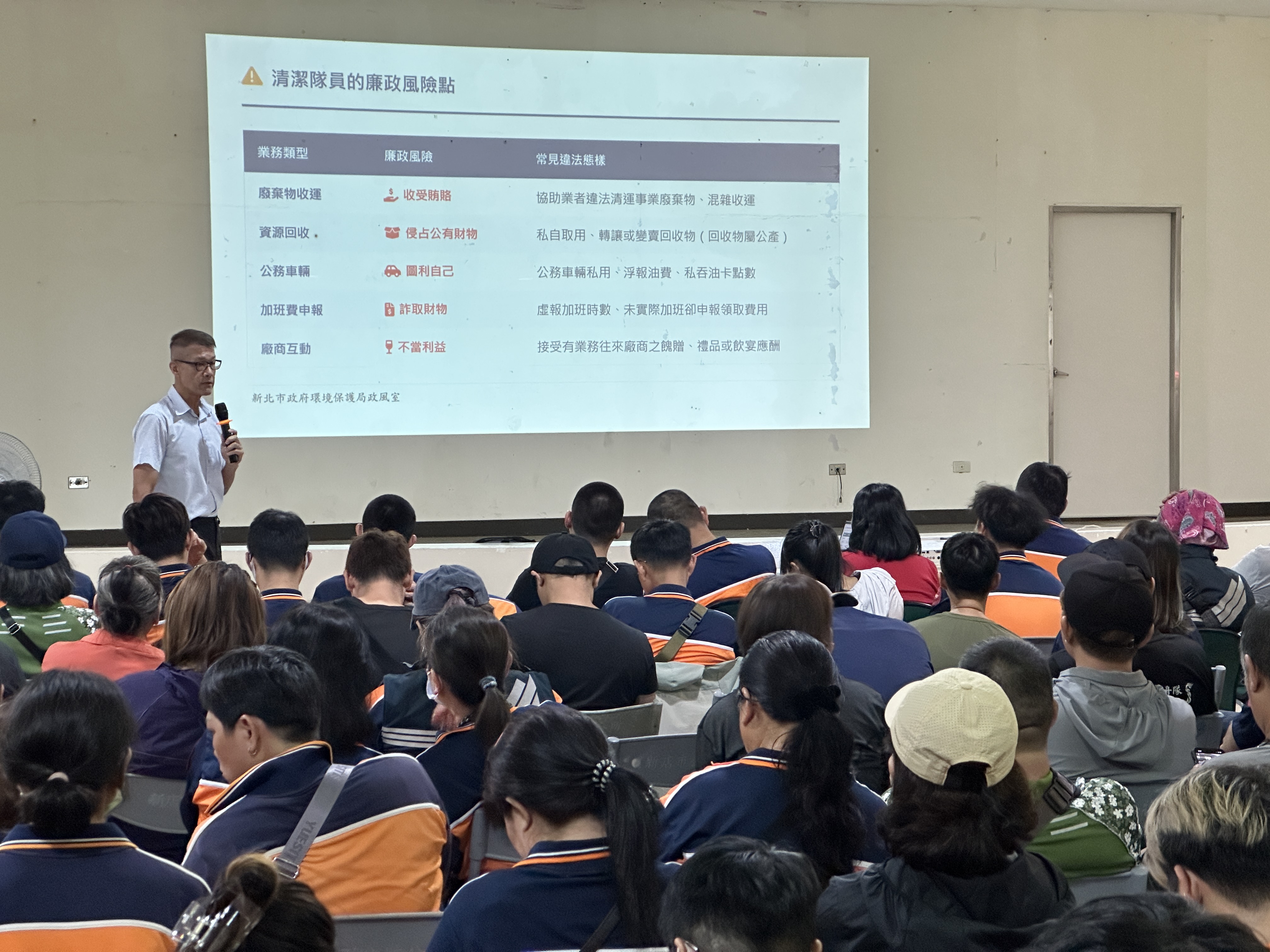政風室主任林三龍率領政風團隊深入各區清潔隊，利用隊務會議與職安講習等時機進行面對面宣導，透過實務案例解析與法令說明，協助清潔隊員建立清晰的法紀界線