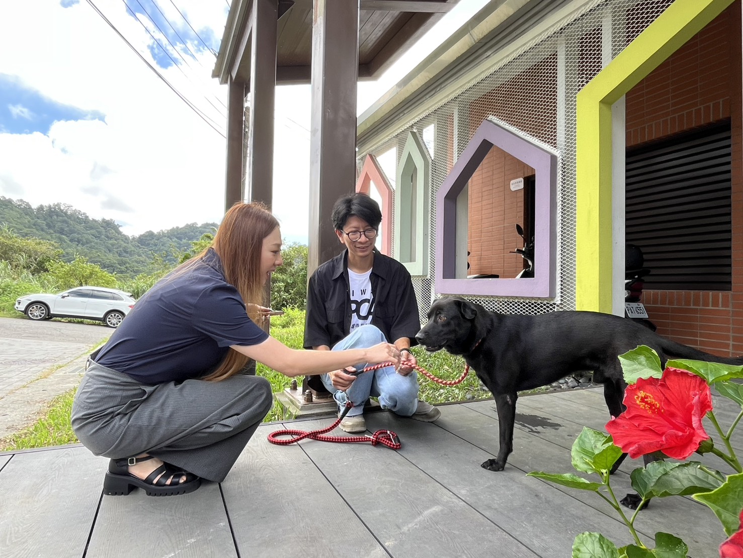 韓國家畜衛生防疫支援本部金科長拿零食與犬隻互動，並表示犬隻相當社會化。