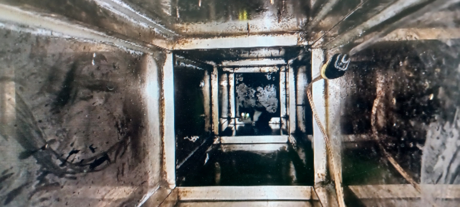 從廟柱上方開口可見貓位於最底部，無法自行爬上來。