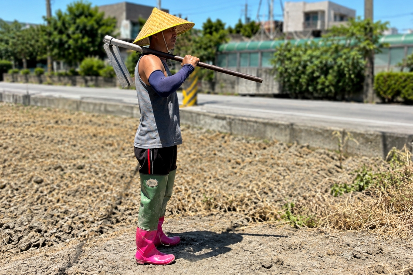  一日農夫造型登場！戴斗笠、扛鋤頭、穿雨鞋，準備挑戰限量蔬果1元購