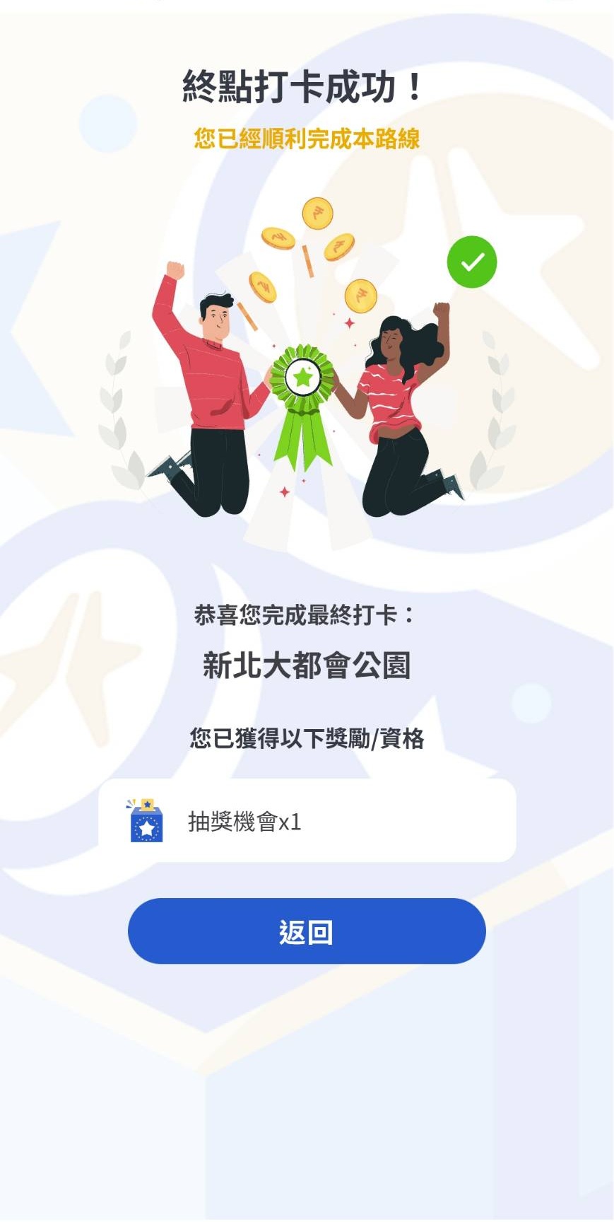 打卡活動建置於「我的新北市」APP中，圖為打卡成功畫面及累積抽獎機會1次