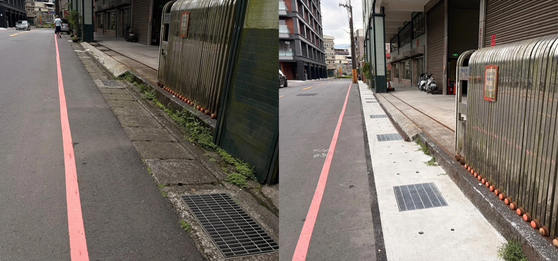 明燈路三段209號至173號完成側溝改善，打造平整的人行與排水環境。改善前（左）、改善後（右）。