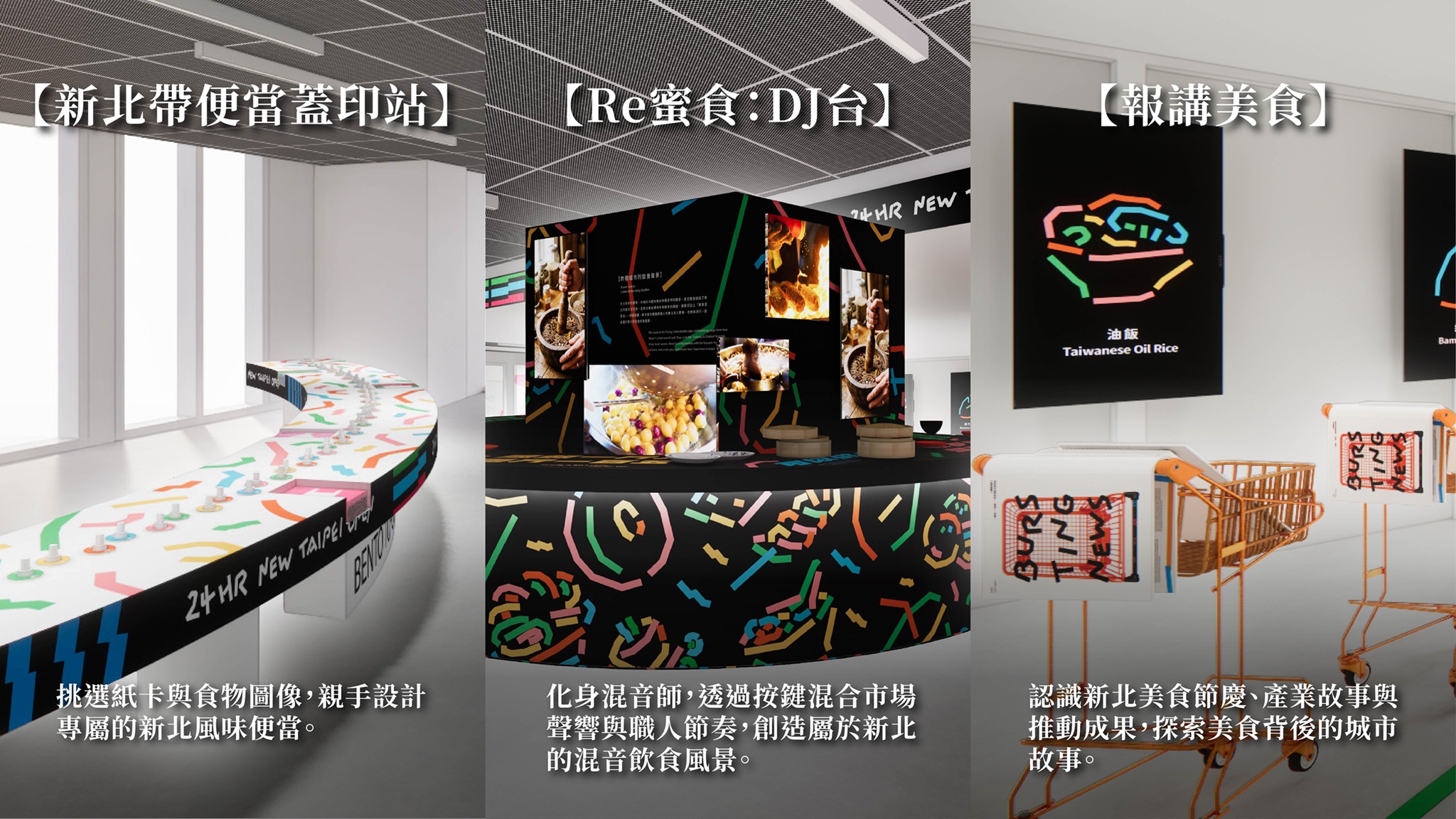《歡迎光臨！24小時新北美食城》展覽規劃三大互動區，讓民眾不只是看展，更能親自參與其中。