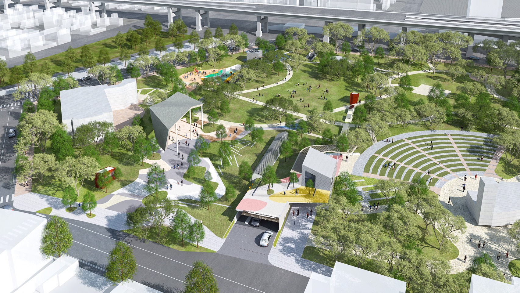 板橋音樂公園地下停車場採用空間新概念，增加綠化面積與植栽