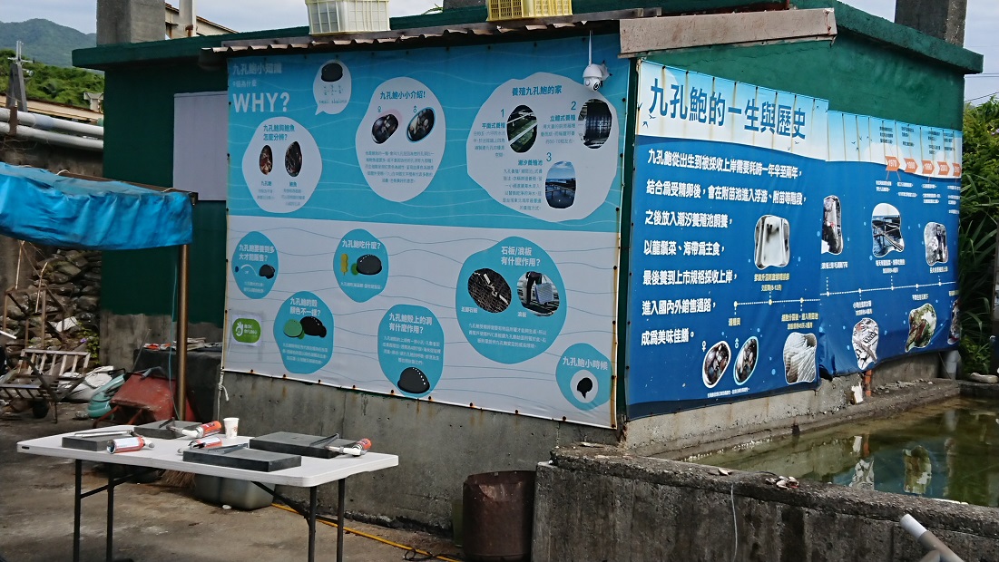 養殖達人李勝興搭建的貢寮鮑產業解說牆及模擬潮間帶養殖池。