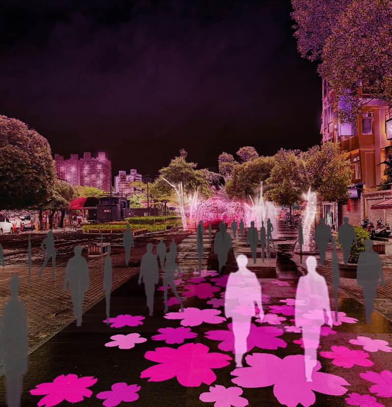 圖片說明4-淡水老街廣場燈飾模擬示意圖-櫻雪迷蹤-科技投影