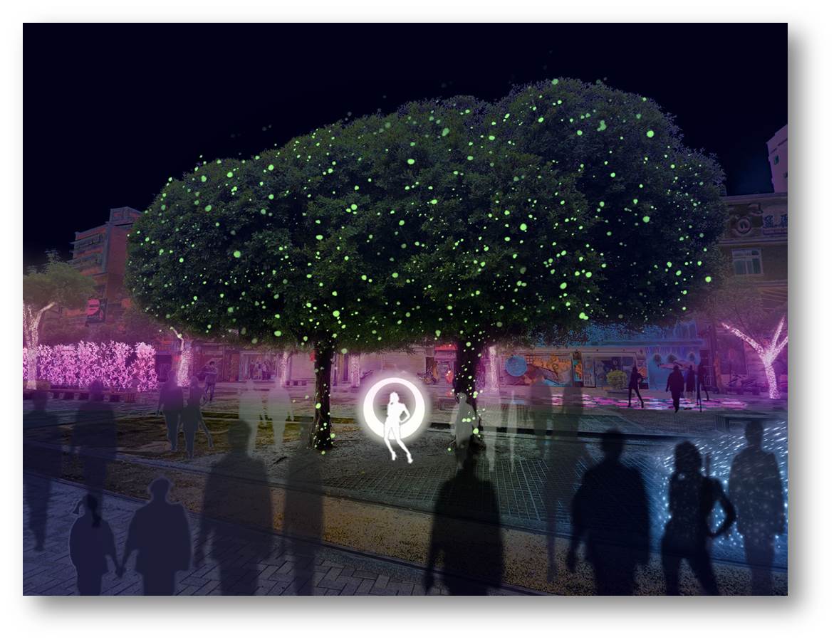 圖片說明5-淡水老街廣場燈飾模擬示意圖-樹下的約定鞦韆